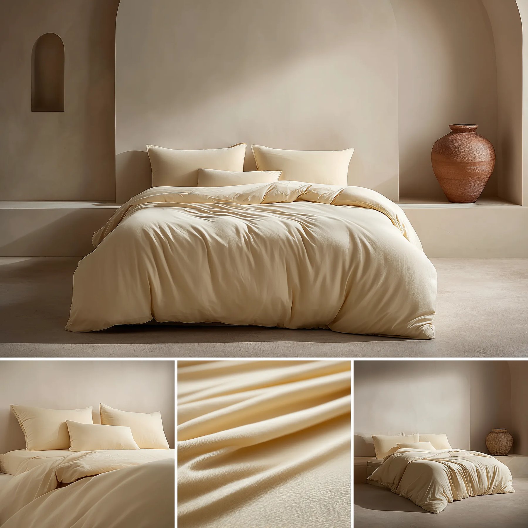 Funda nórdica reversible sobre cama, fotografía de textil de hogar creada con IA por Josu Izarra