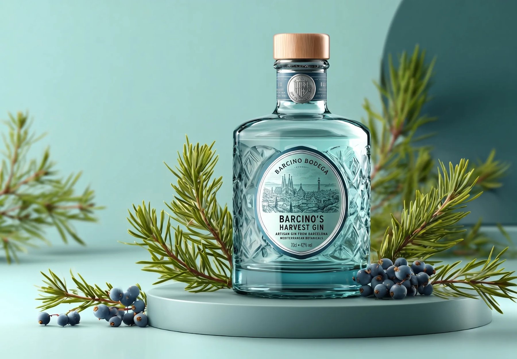 Botella de ginebra con botánicos sobre fondo oscuro, fotografía de producto creada con IA por Josu Izarra
