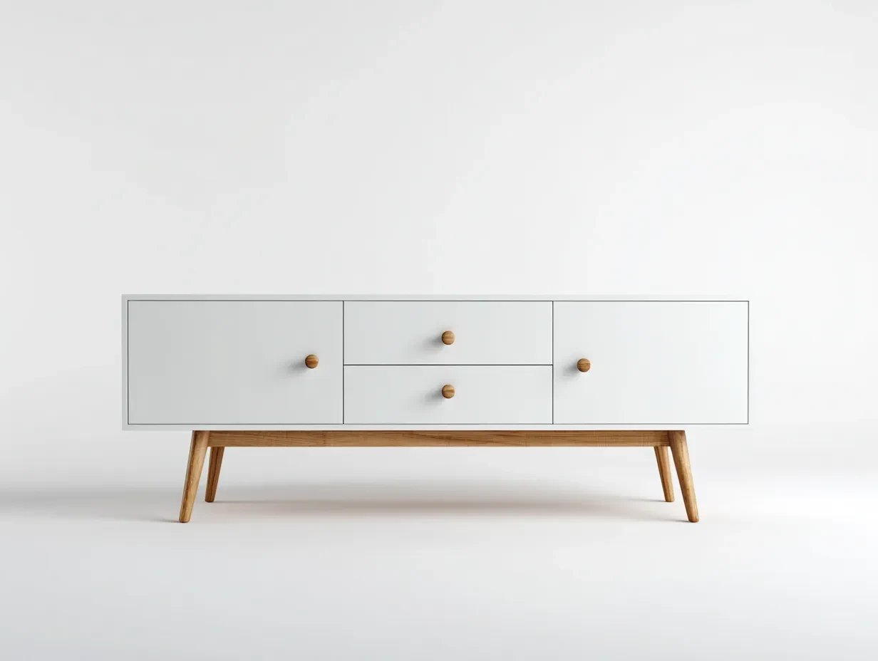 Aparador de diseño en ambiente de salón, fotografía de mueble para e-commerce creada con IA por Josu Izarra