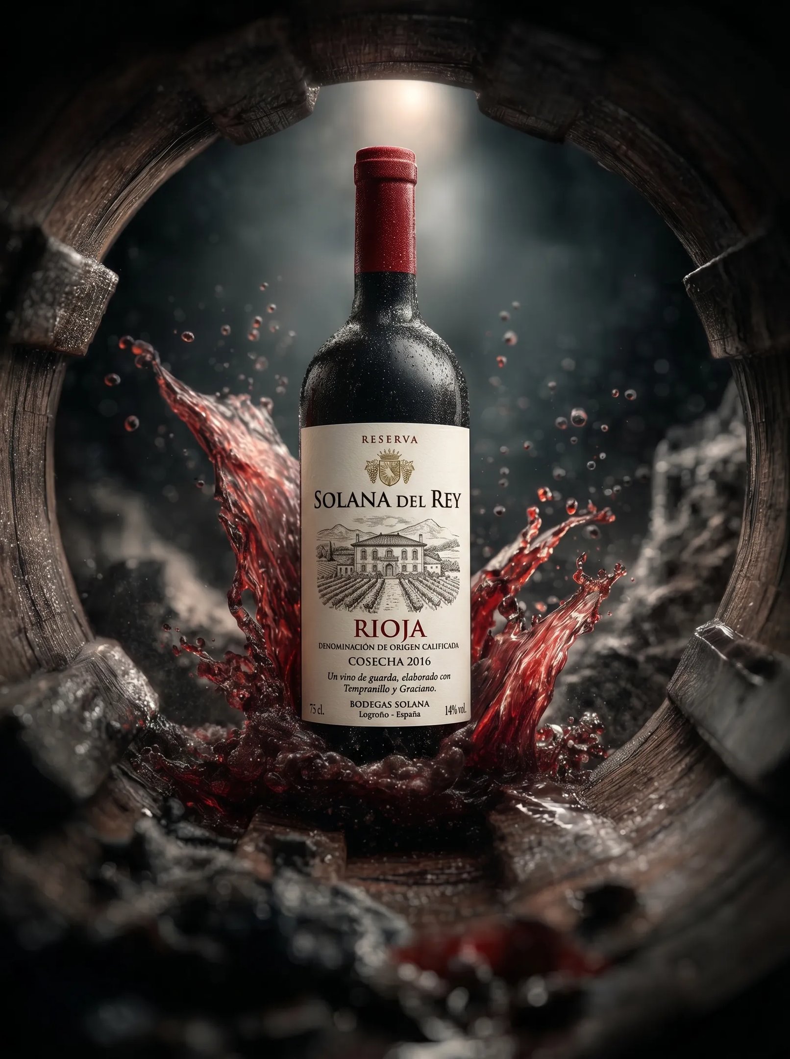 Copa de vino de Rioja con salpicadura sobre barrica, fotografía publicitaria creada con IA por Josu Izarra