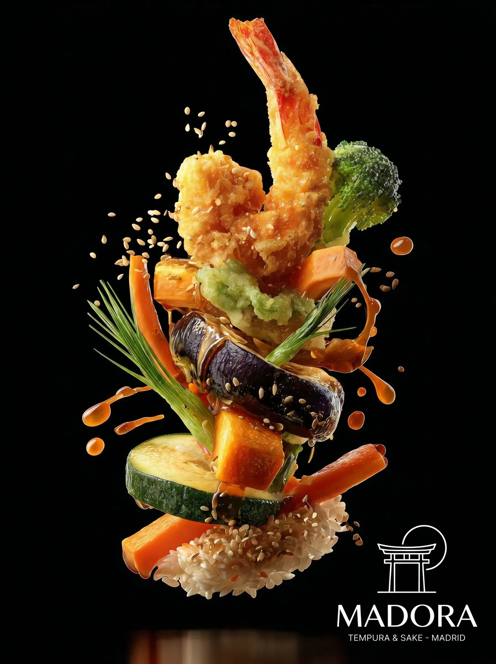 Langostino en tempura emplatado, fotografía gastronómica de alta cocina creada con IA por Josu Izarra